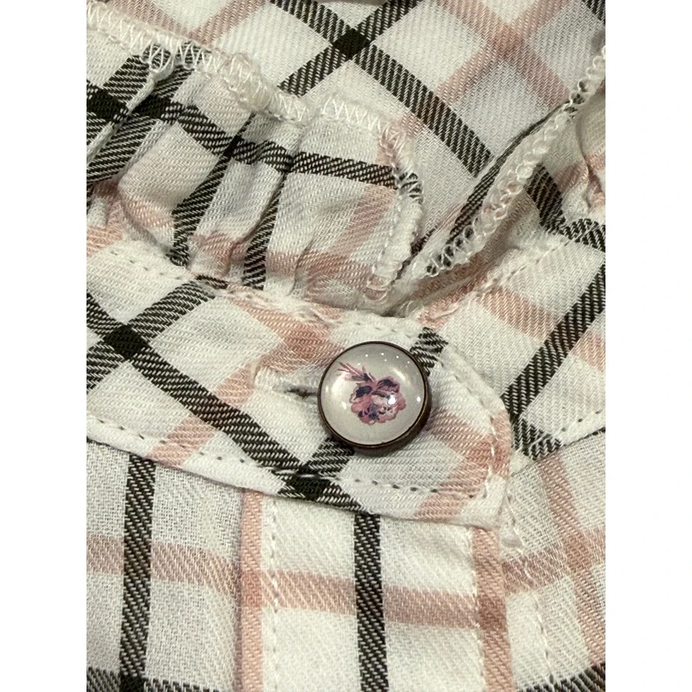 Barbour Daffodil Shirt Pink Green Plaid Ruffle Collar Puff Sleeve Cotton Size 6